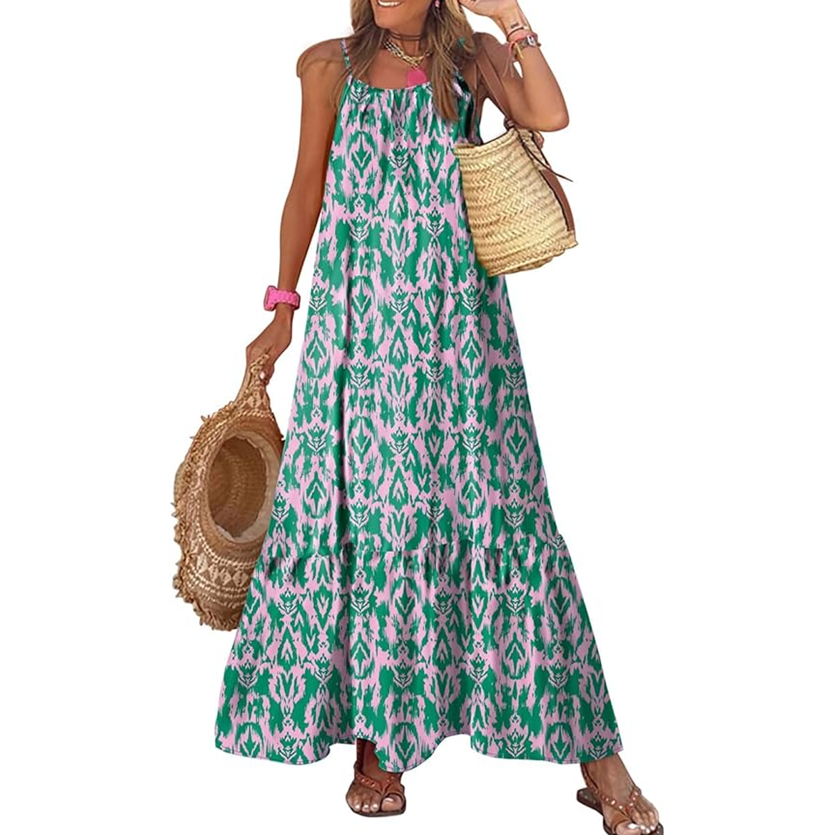 Dokotoo Women Summer Dresses 2026 Spaghetti Strap Scoop Neck Smocked Ruffle Flowy Boho Maxi Dress